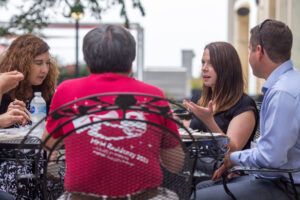 Students talk while eating lunch